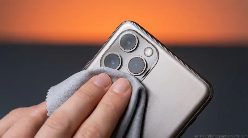 Cleaning smartphone camera lens with microfiber cloth