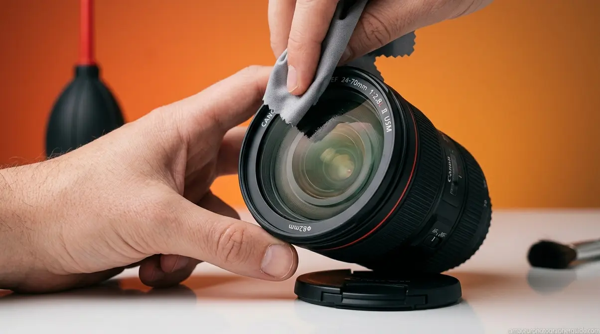 Photographer cleaning a detached DSLR lens front element with microfiber cloth in circular motion