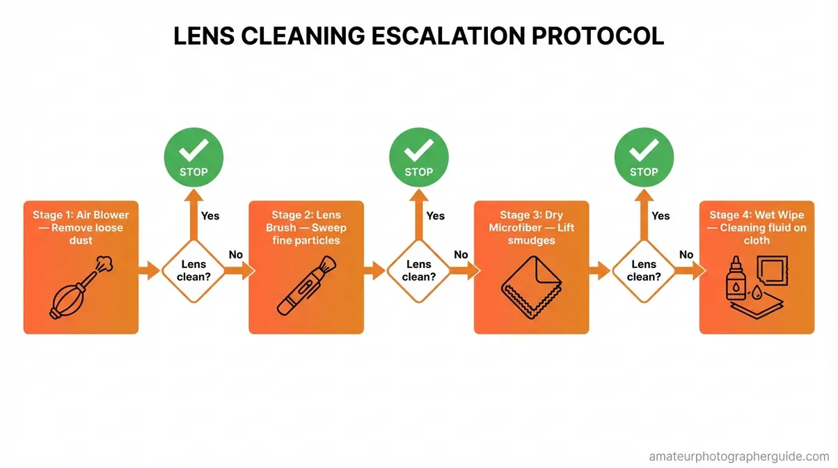 Flowchart of the 4-stage lens cleaning escalation protocol: air blower, lens brush, dry microfiber, wet cleaning fluid