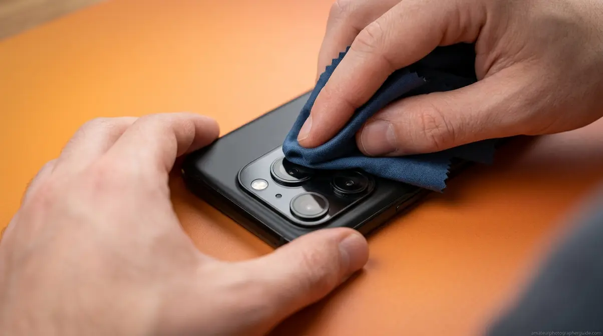 Hand cleaning a smartphone camera lens with a microfiber cloth using circular motion