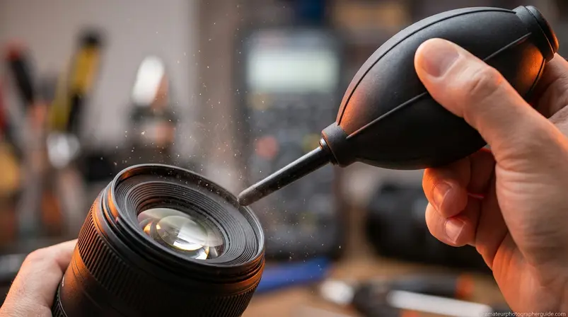 Using a rocket blower to remove loose dust from camera lens