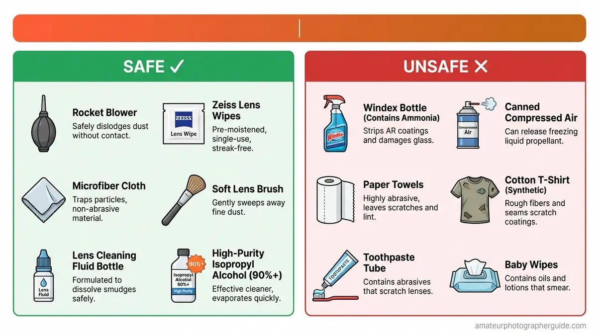 Comparison chart of safe camera lens cleaning materials versus unsafe household substitutes like Windex and toothpaste