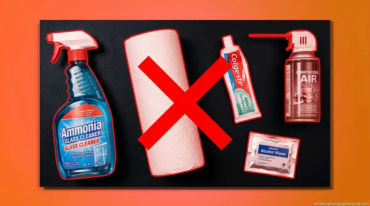 Household cleaning substitutes to never use on camera lenses: glass cleaner, paper towels, toothpaste, compressed air, alcohol wipes