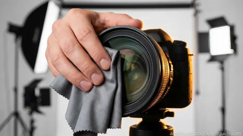 Wet cleaning camera lens with microfiber cloth to remove smudges