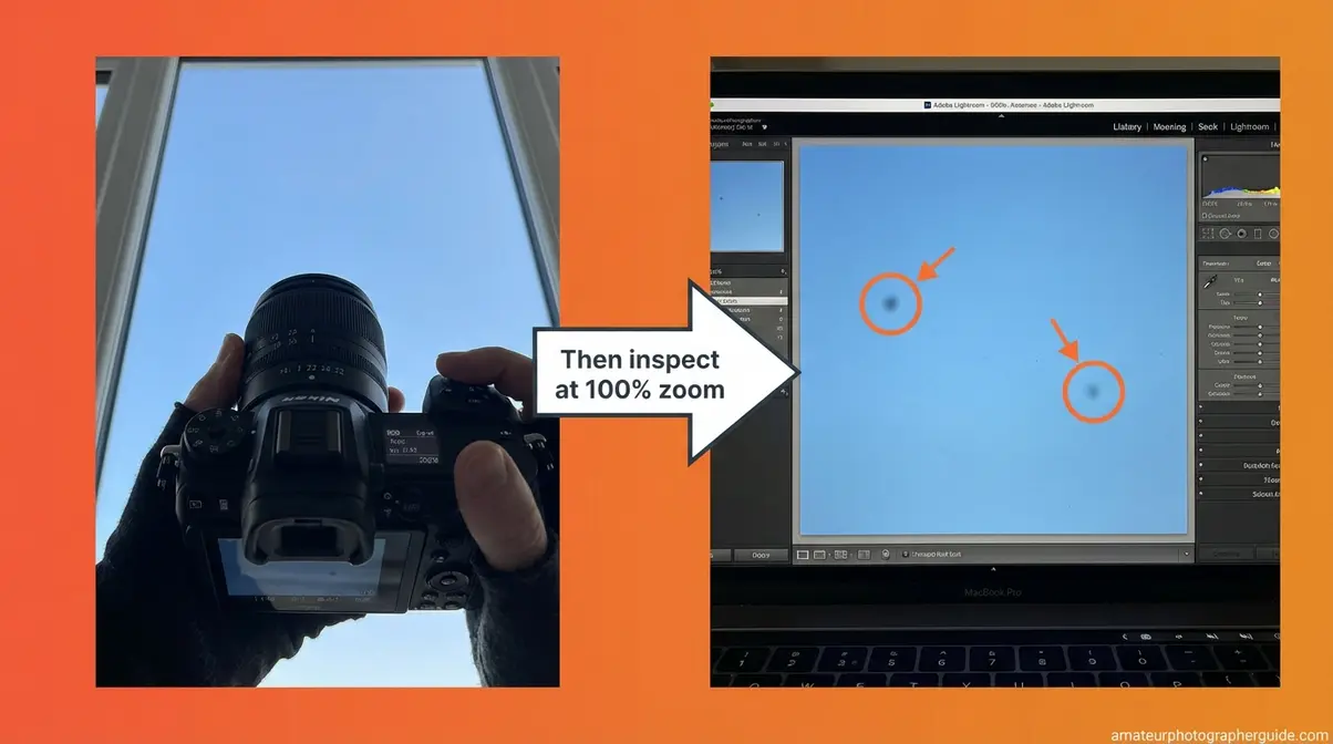 Camera pointed at blue sky for f/22 sensor dust diagnostic test showing spots zoomed on laptop screen
