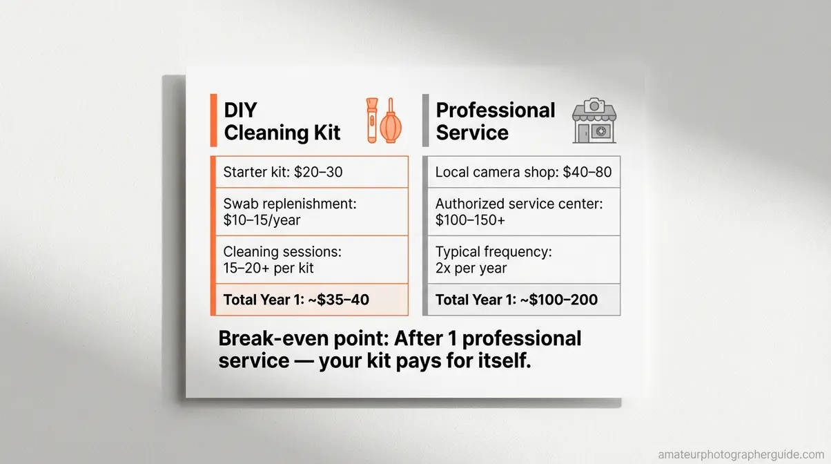DIY versus professional camera sensor cleaning cost comparison showing kit costs versus service center prices