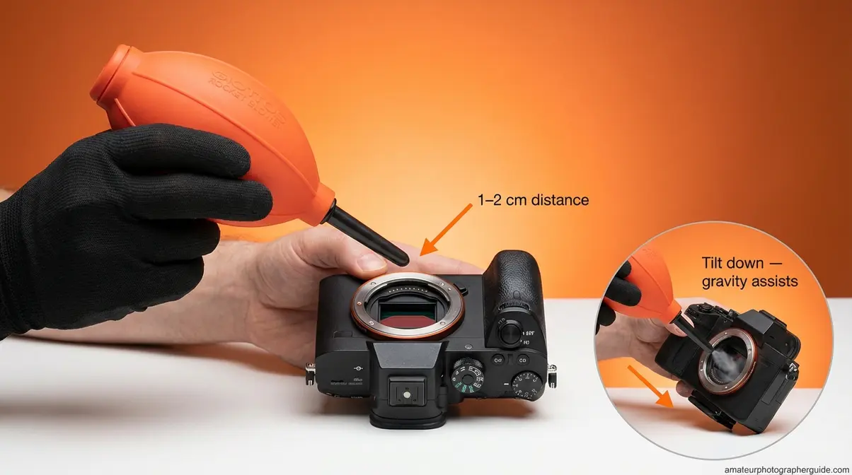 Correct Rocket Blower technique for camera sensor dry cleaning showing 1-2cm distance from sensor surface