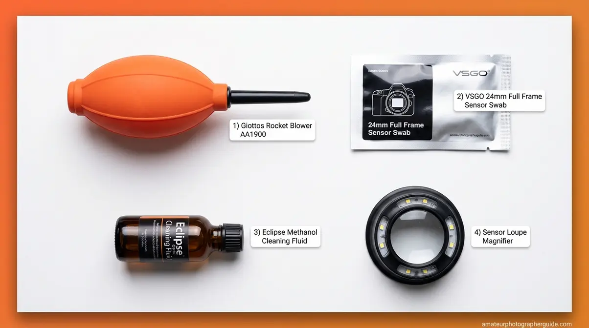 Camera sensor cleaning toolkit showing rocket blower sensor swabs Eclipse fluid and sensor loupe