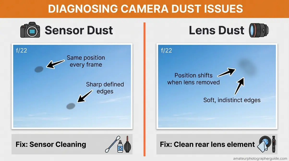 Sensor dust vs lens dust comparison infographic showing dark spots at f/22 diagnostic test results