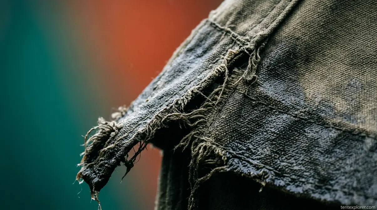 Damaged canvas tent fabric showing frayed seams and ruined waterproofing from improper cleaning