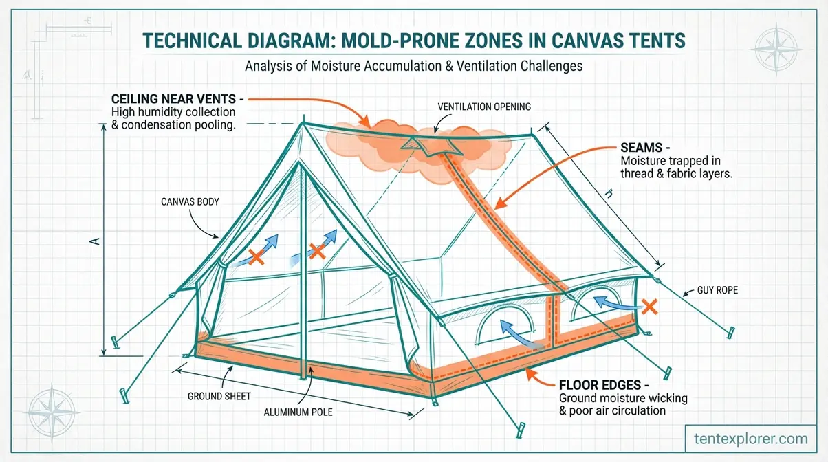 Diagram of canvas tent showing mold-prone areas including seams, floor edges, and ceiling near vents