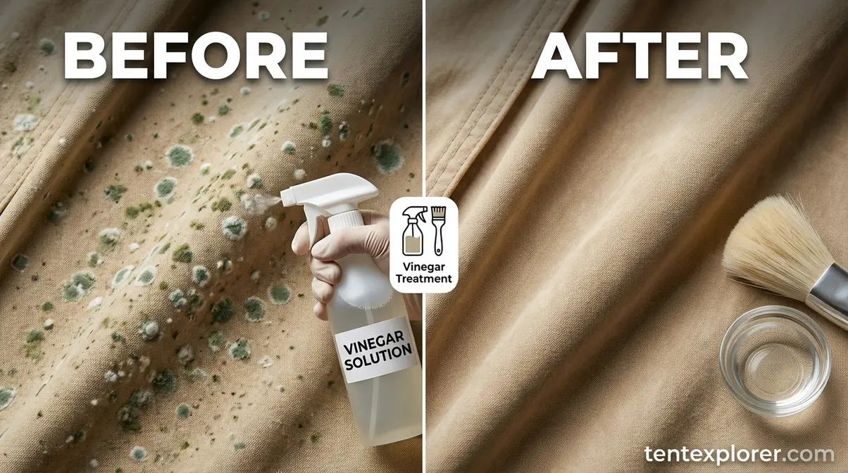 Before and after photos showing canvas tent mold removal with vinegar solution treatment