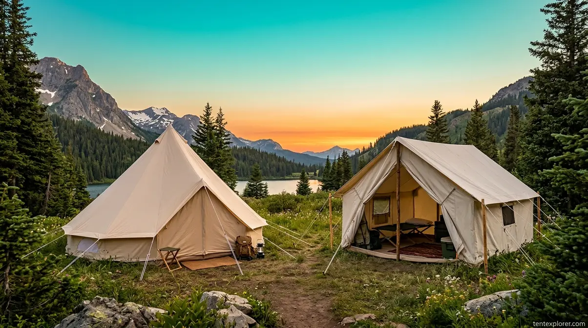 Different canvas tent styles including a bell tent and wall tent pitched outdoors