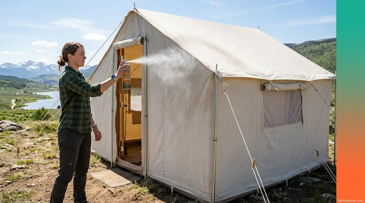 Applying waterproofing spray to a clean canvas tent to restore DWR coating