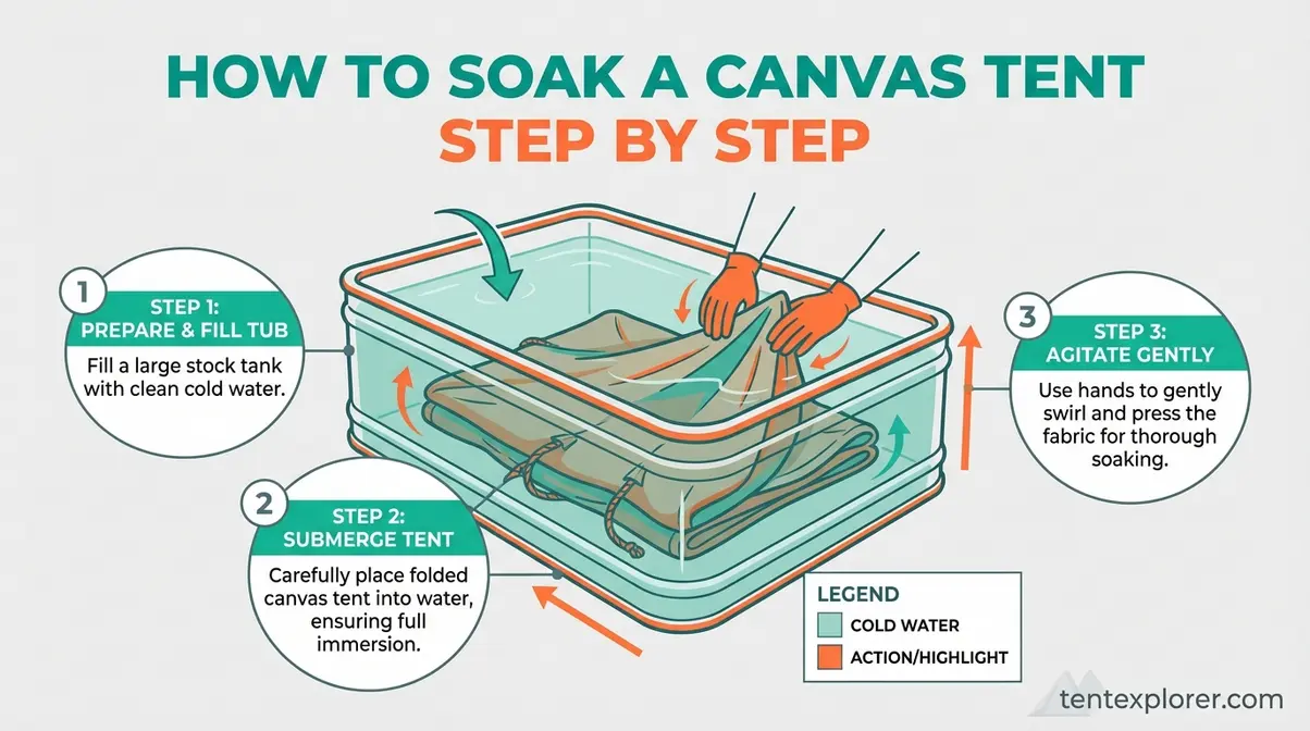 Step-by-step diagram showing canvas tent soaking method in a large tub with cold water