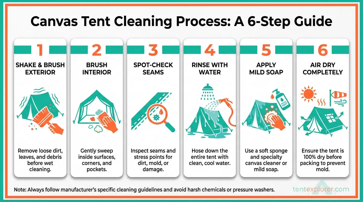 How to clean a canvas tent infographic showing 6 steps from dry brushing to complete drying