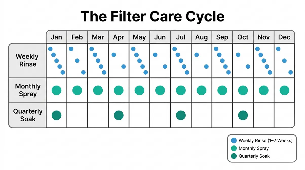 Hot tub filter cleaning schedule calendar showing weekly monthly quarterly Filter Care Cycle maintenance routine