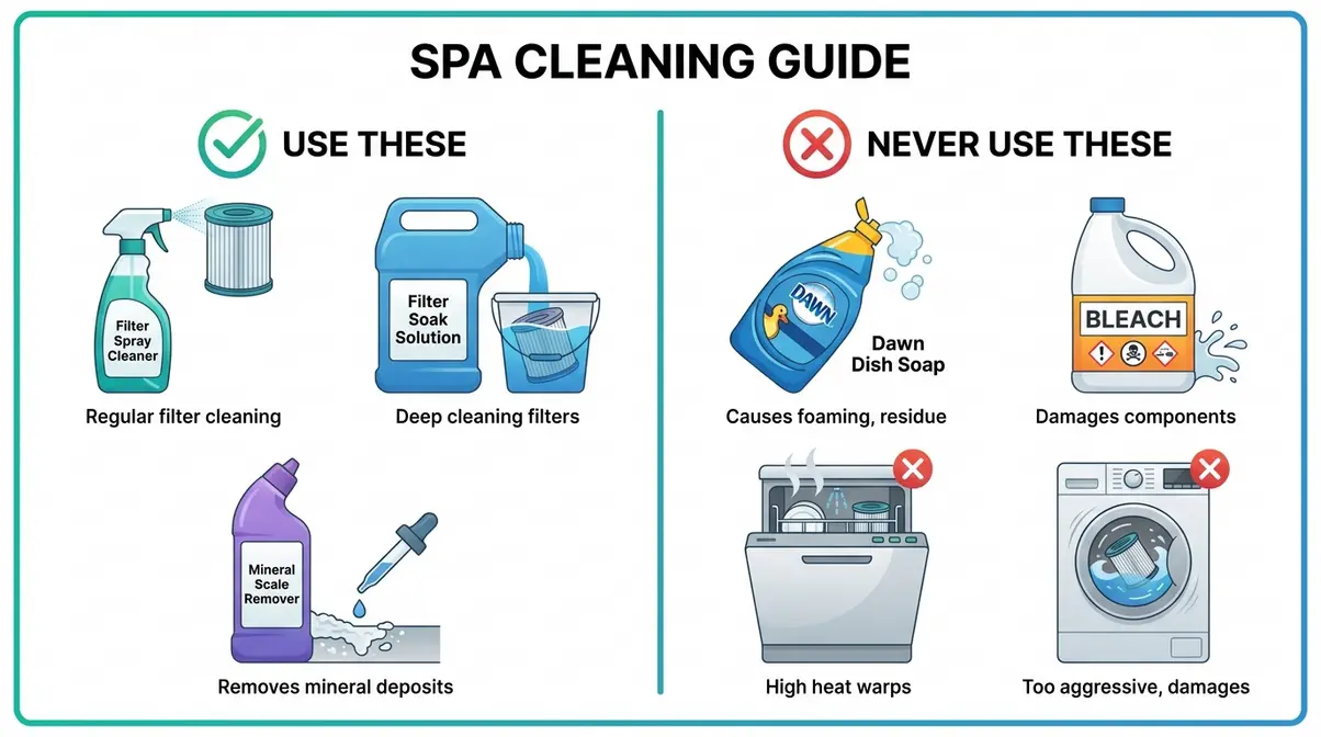 Hot tub filter cleaning dos and donts showing approved cleaners versus harmful household products