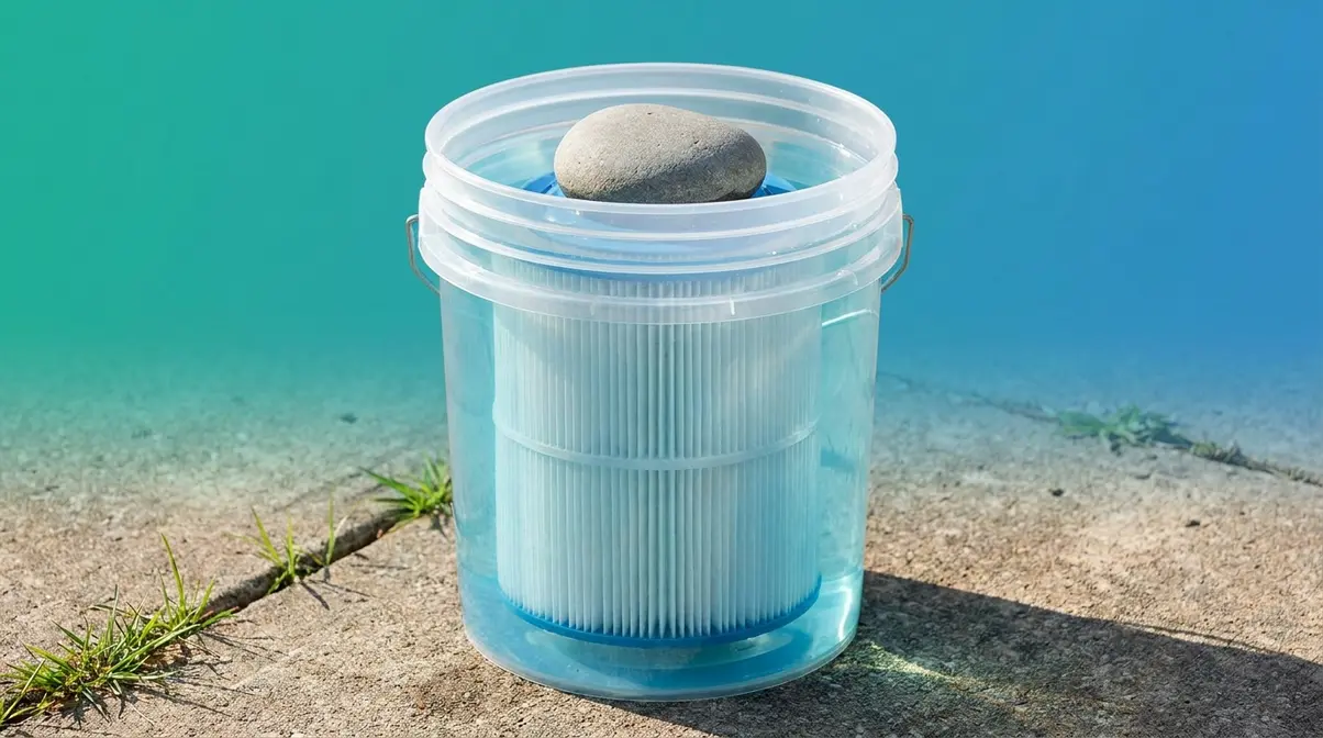 Hot tub filter quarterly deep soak in 5-gallon bucket with chemical soak solution overnight