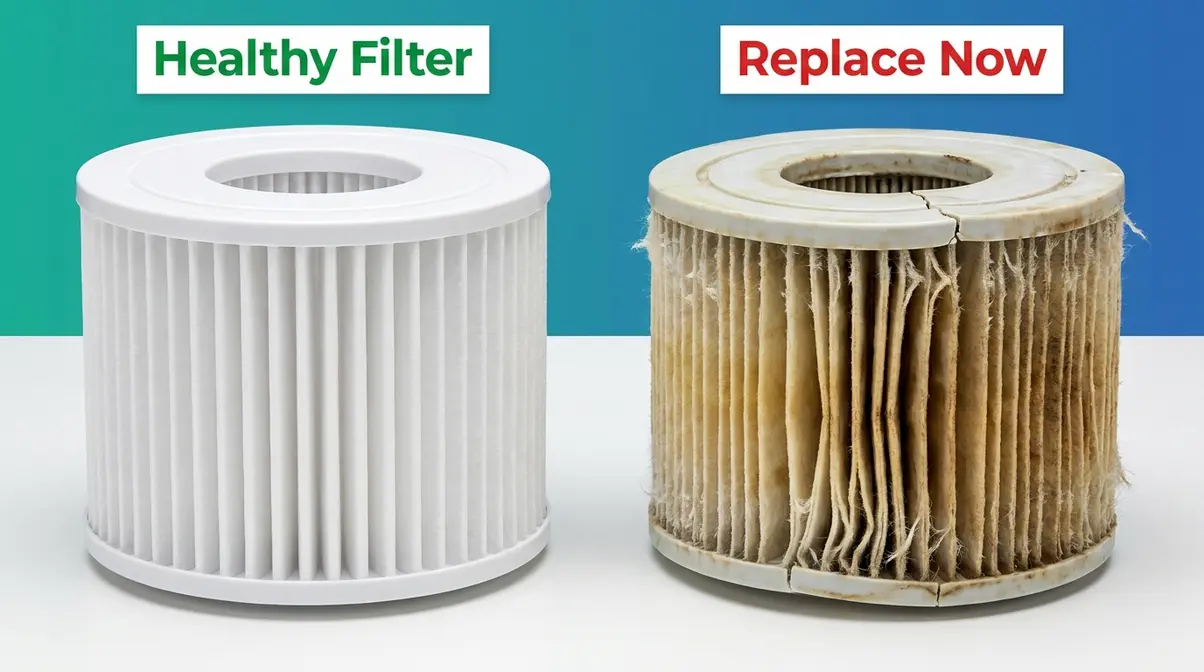 Hot tub filter replacement signs showing worn frayed pleats and discoloration compared to clean filter