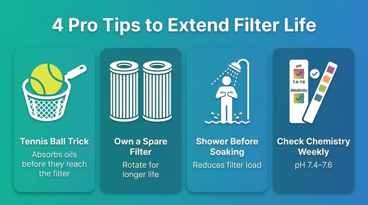 Pro tips to extend hot tub filter life including tennis ball trick spare filter and water chemistry