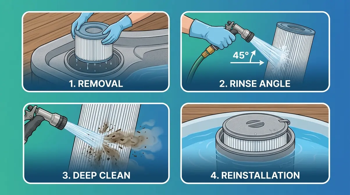Weekly hot tub filter rinse technique showing correct 45-degree hose angle on filter pleats