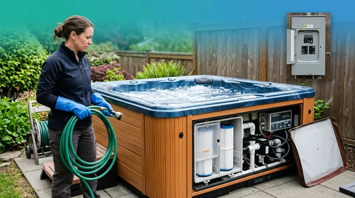 Hot tub filter safety checklist showing breaker off gloves and hose ready before cleaning