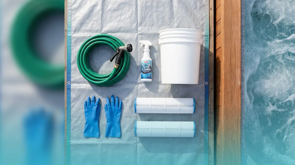 Hot tub filter cleaning tools checklist including hose spray cleaner bucket gloves and spare cartridge
