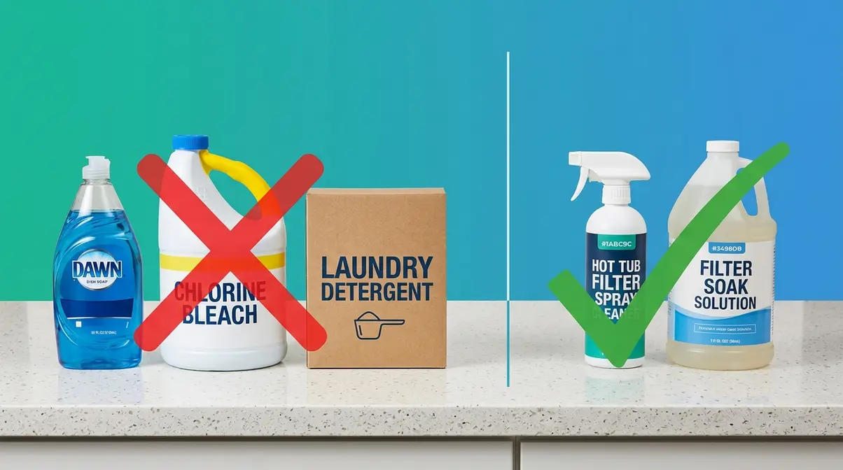 Household cleaners like Dawn and bleach shown as dangerous for hot tub filter cleaning