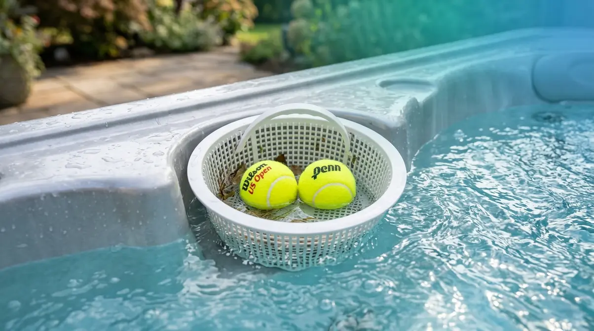 Tennis balls in hot tub skimmer basket absorbing body oils to protect the filter