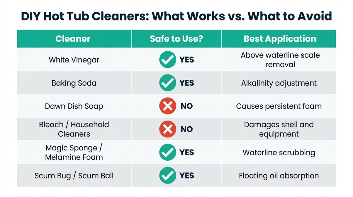 DIY hot tub cleaning solutions comparison chart showing what works and what to avoid