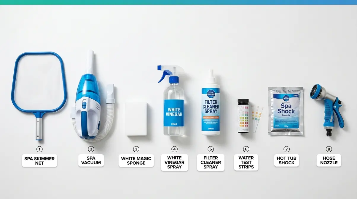 Hot tub cleaning supplies laid out including skimmer net, spa vacuum, magic sponge, and test strips