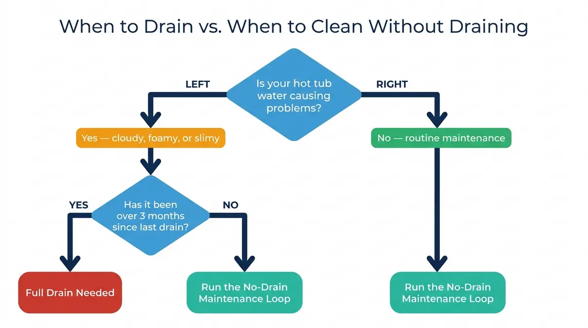 Decision flowchart for when to drain a hot tub versus when to clean without draining