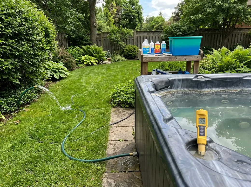 Hot tub being drained with garden hose showing interior waterline ring and TDS meter on ledge