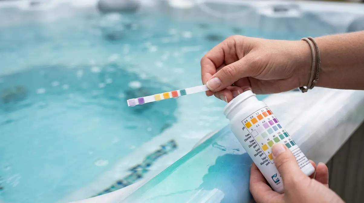 Person testing hot tub water chemistry with test strips held horizontally above the water
