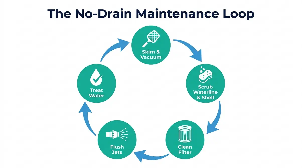 5-step no-drain maintenance loop infographic for cleaning a hot tub without draining