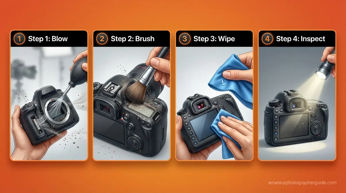 Step-by-step camera body cleaning sequence using bulb blower and microfiber cloth in four stages