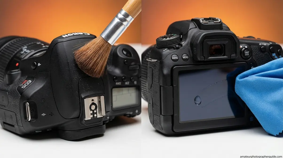 Camera body surface cleaning showing soft brush on hot shoe and microfiber cloth on LCD screen
