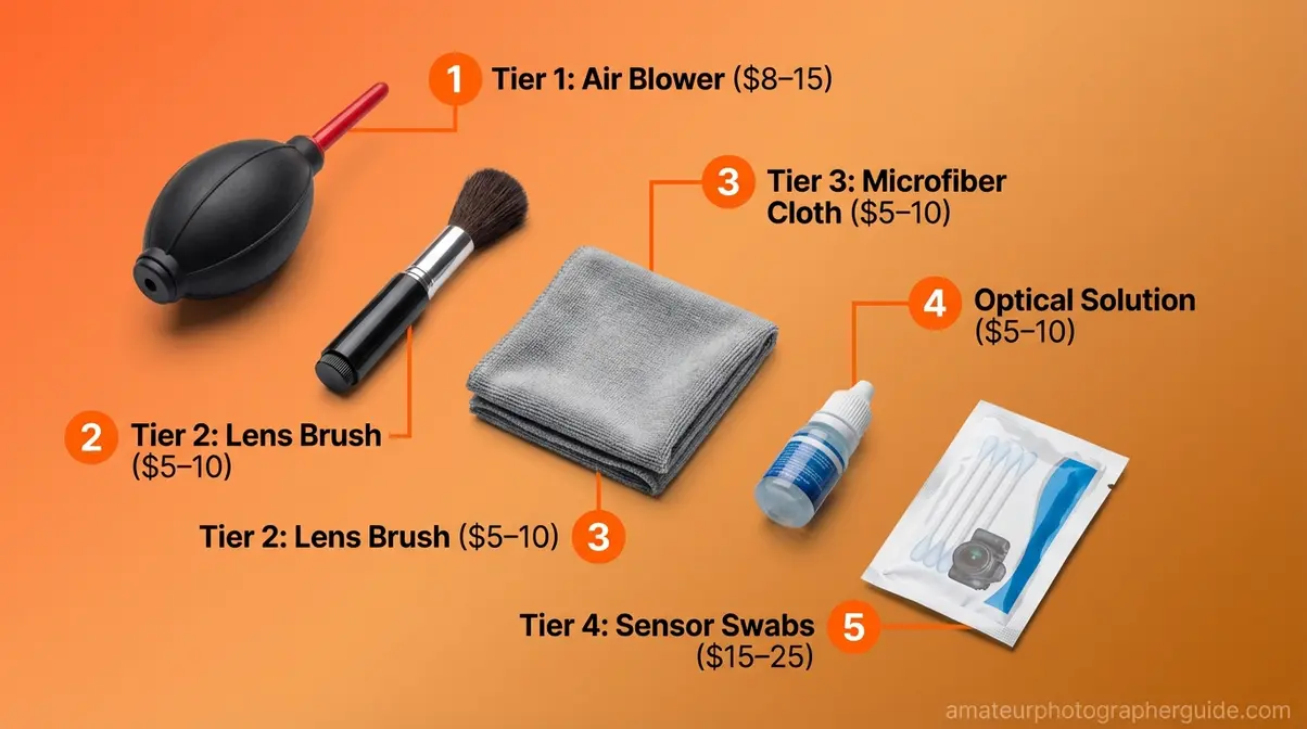 Camera cleaning kit layout showing five essential tools including bulb blower, microfiber cloth, and sensor swabs