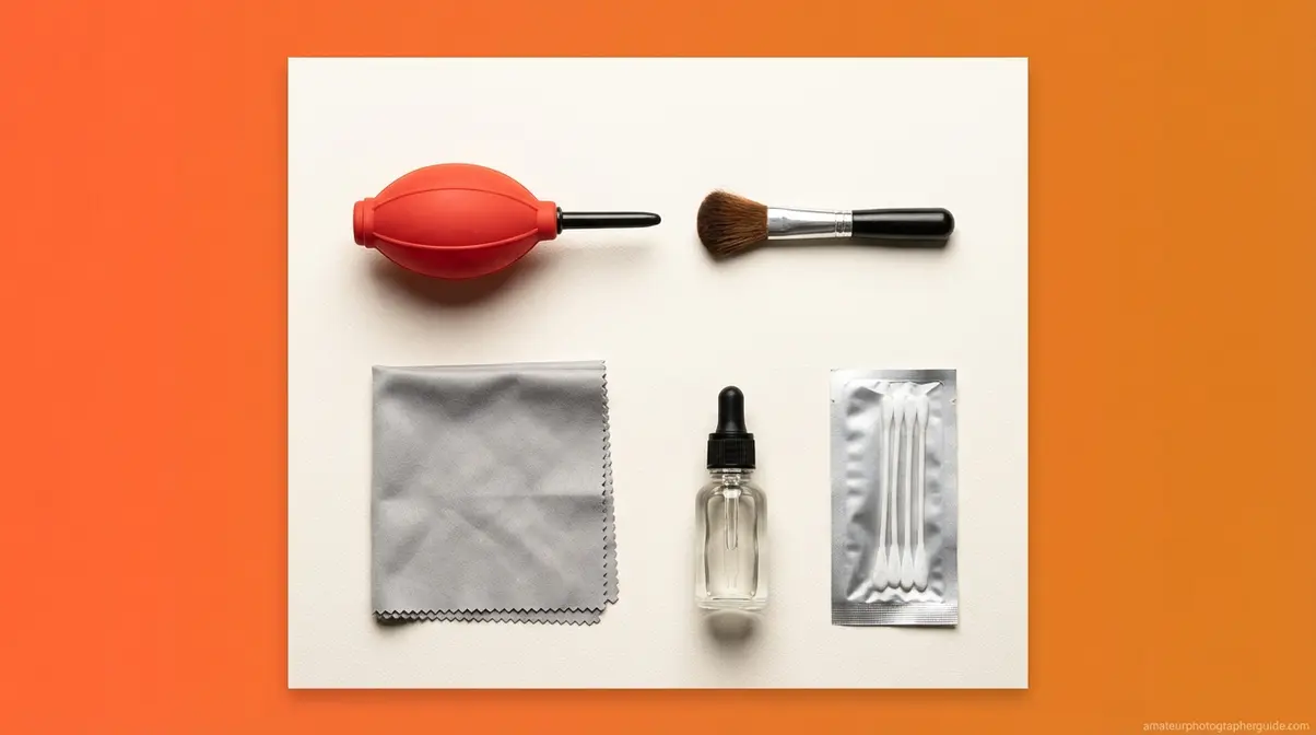 Five essential camera cleaning tools laid flat including bulb blower, microfiber cloth, and sensor swabs