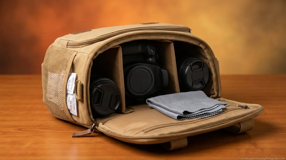Camera bag with organized gear storage showing silica gel packets and lenses stored vertically with caps on