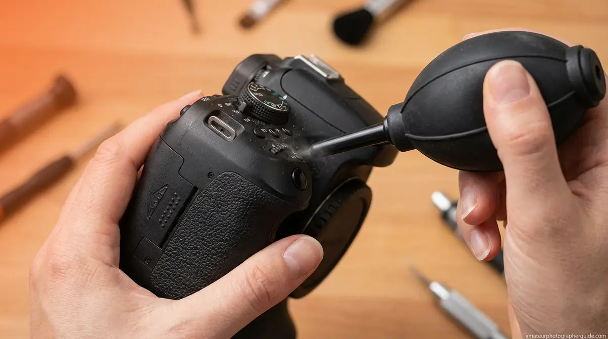 Photographer cleaning camera body exterior with rubber bulb blower aimed at control dials and crevices