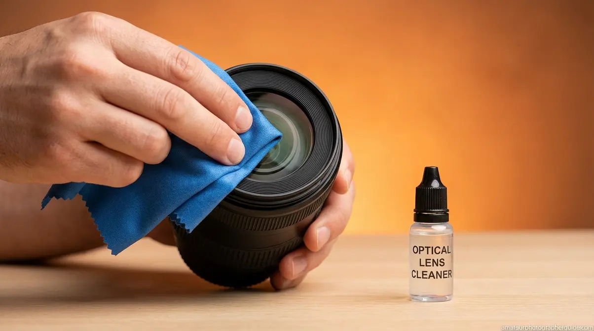 Hand cleaning camera lens front element with microfiber cloth in circular motion using optical solution