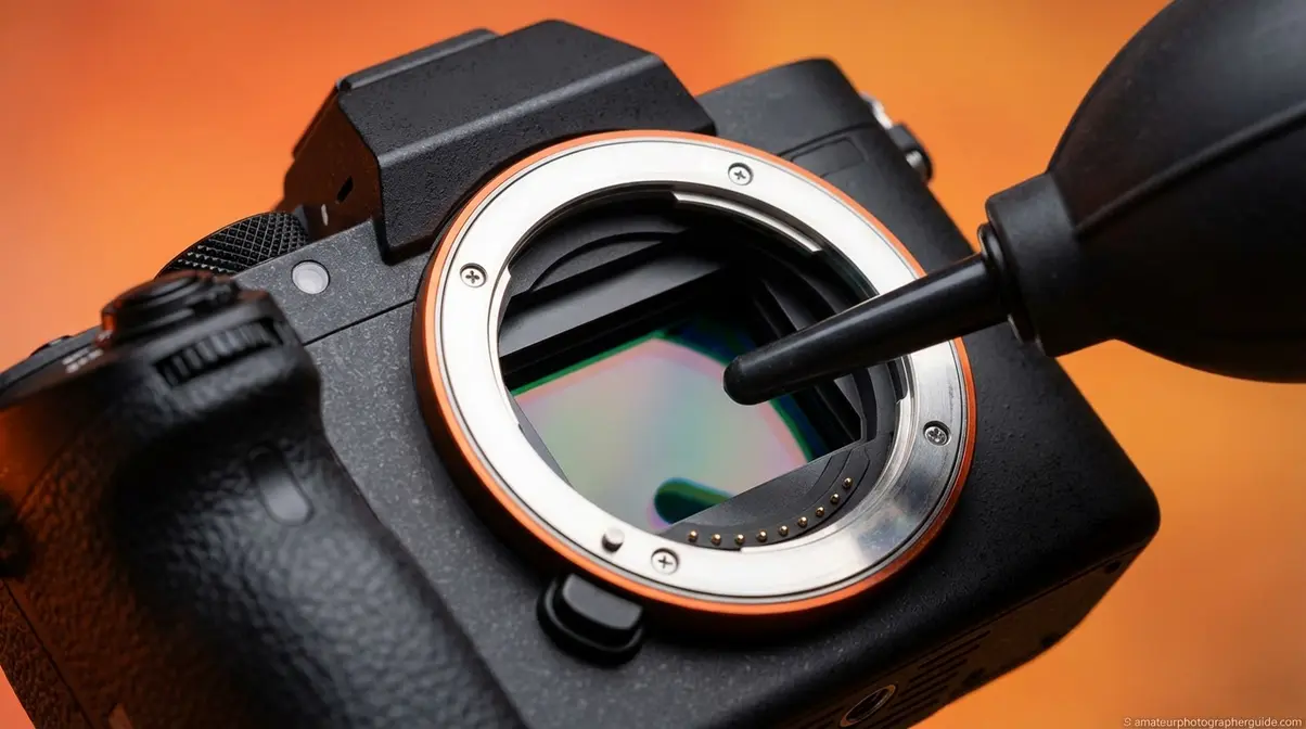 Camera sensor chamber exposed with bulb blower inserted for dry cleaning dust removal process