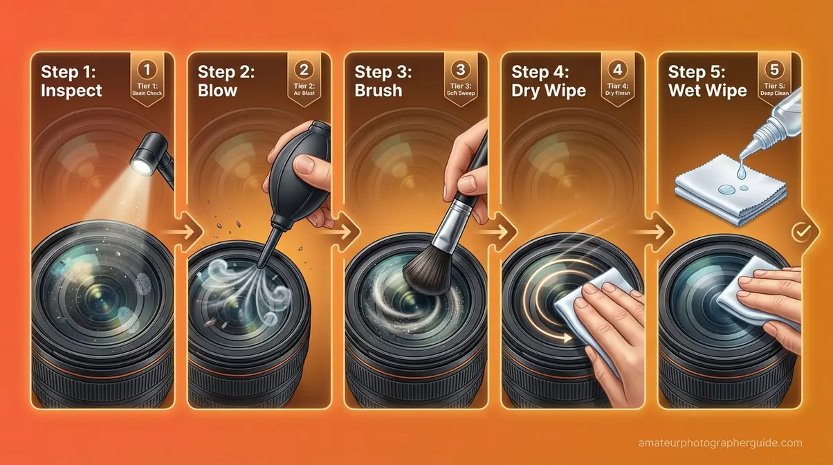 Step-by-step camera lens cleaning process from bulb blower through brush to wet microfiber wipe