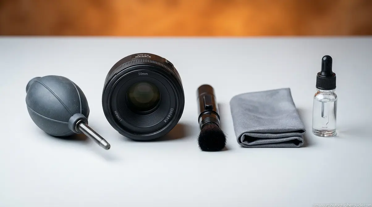 Camera lens with three escalating cleaning tools — bulb blower, brush, and microfiber cloth — arranged beside it