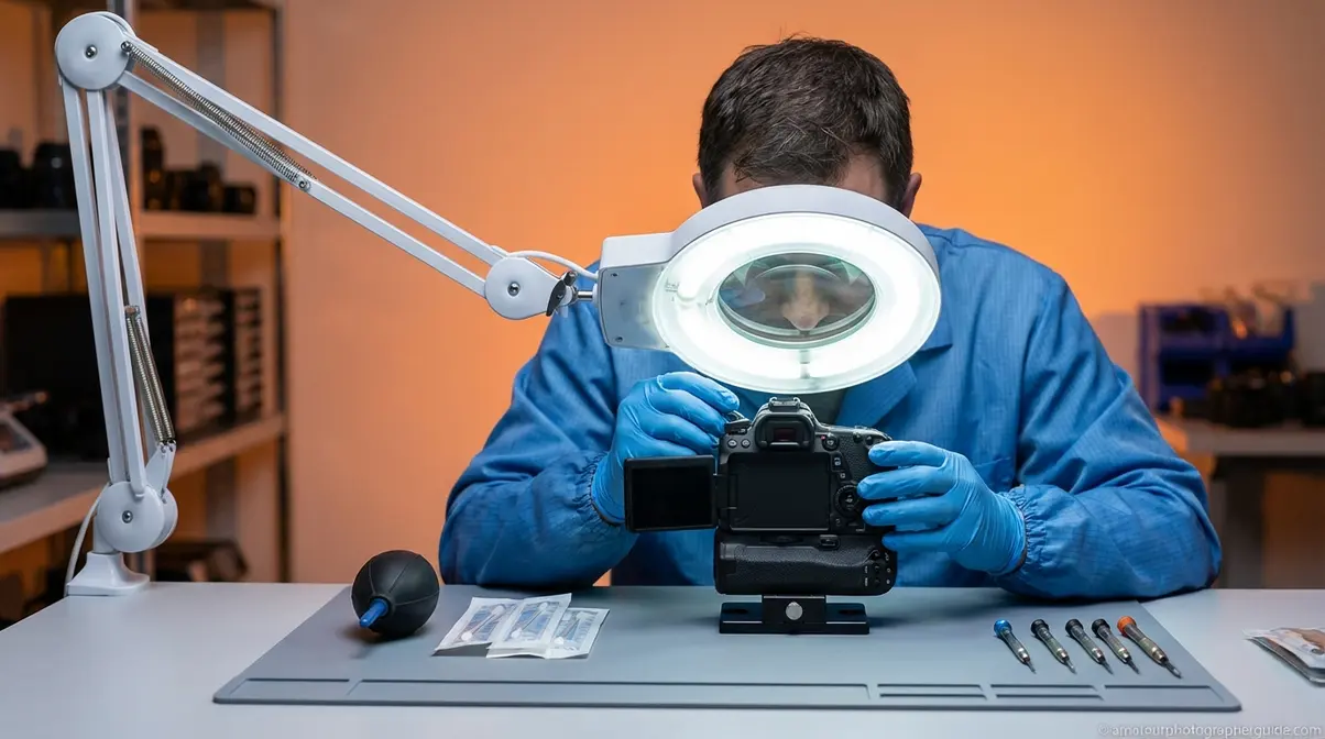 Camera technician in professional service environment examining DSLR sensor under magnification