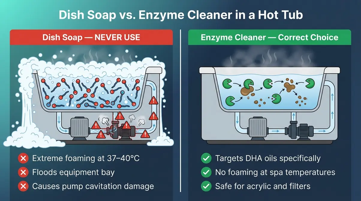Comparison chart of dish soap versus enzyme cleaner reactions in fake tan hot tub cleaning