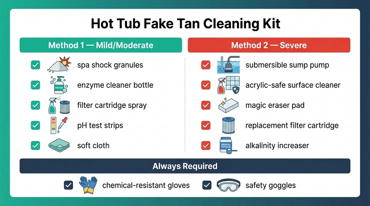 Checklist of supplies needed to clean fake tan from a hot tub for Method 1 and Method 2
