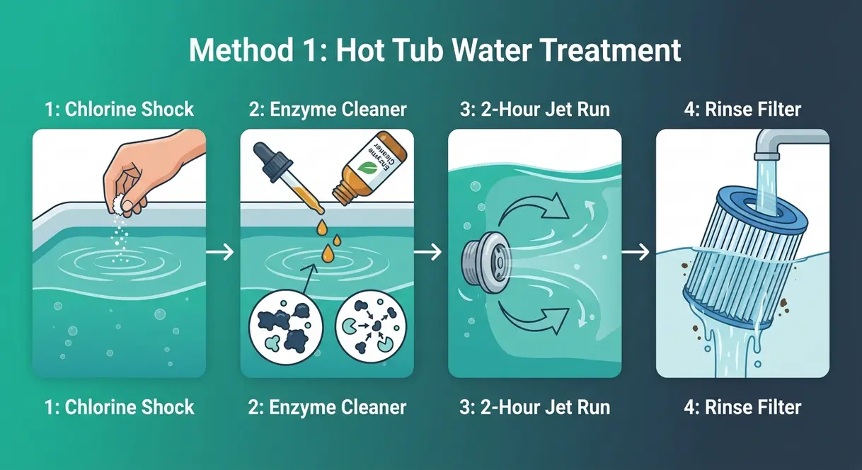 Four-stage Method 1 hot tub water treatment process showing shock, enzyme cleaner, jets, and filter rinse